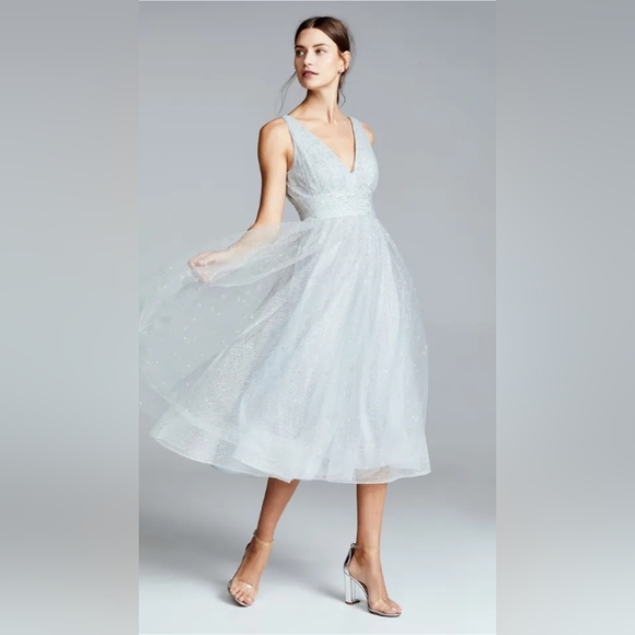Marchesa Dresses & Skirts - NWT MARCHESA NOTTE Glitter Tulle V-Neck Empire Waist A-Line Dress 8 Silver
